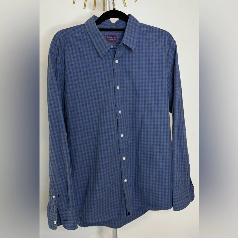 Men’s UnTuck-it Blue Gray checkered button down cotton shirt casual preppy XL